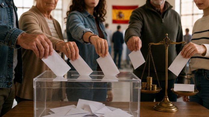 Voto 1 Personas de distintas edades depositan su voto en una urna mientras una balanza con monedas representa el debate entre sufragio universal y capacidad económica.