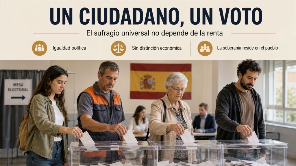 “Un ciudadano, un voto”: Ciudadanos de diferentes edades y situaciones sociales votan en un colegio electoral para simbolizar la igualdad política y el principio de un ciudadano, un voto.