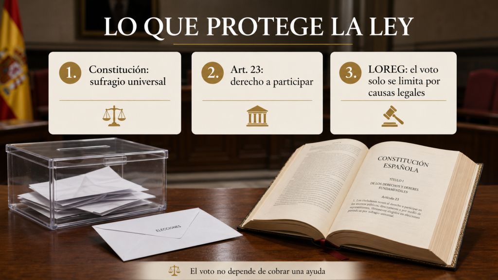 “Lo que protege la ley”: Urna electoral y ejemplar de la Constitución Española ilustran la protección legal del sufragio universal y del derecho de participación política.