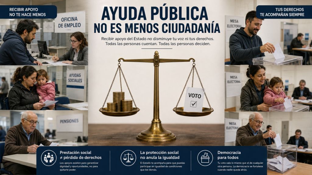 “Ayuda pública no es menos ciudadanía”: Personas que reciben prestaciones sociales y pensiones aparecen ejerciendo su derecho al voto, mostrando que la protección pública no reduce los derechos ciudadanos.