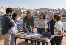 Autoconsumo colectivo: cómo compartir energía solar Reunión de vecinos en una azotea con placas fotovoltaicas para estudiar un proyecto de autoconsumo colectivo.