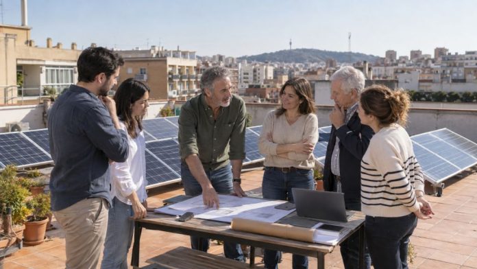 Reunión de vecinos en una azotea con placas fotovoltaicas para estudiar un proyecto de autoconsumo colectivo.