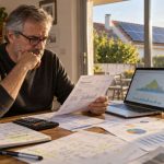 Amortización de placas solares: cómo calcularla bien Hombre analizando facturas, cálculos y gráficos de una instalación fotovoltaica mientras observa una vivienda con placas solares al fondo.