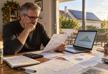 Amortización de placas solares: cómo calcularla bien Hombre analizando facturas, cálculos y gráficos de una instalación fotovoltaica mientras observa una vivienda con placas solares al fondo.