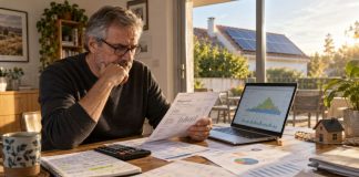 Amortización de placas solares: cómo calcularla bien Hombre analizando facturas, cálculos y gráficos de una instalación fotovoltaica mientras observa una vivienda con placas solares al fondo.