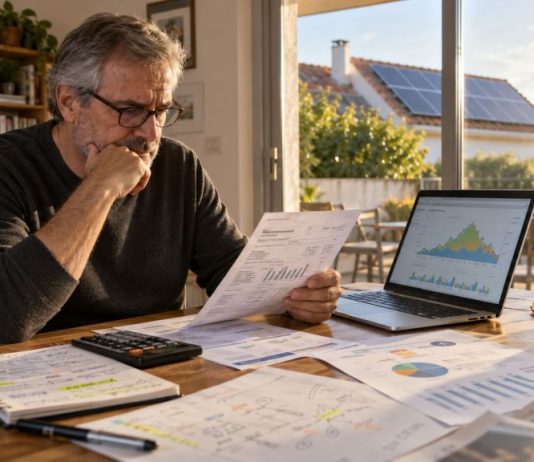 Amortización de placas solares: cómo calcularla bien Hombre analizando facturas, cálculos y gráficos de una instalación fotovoltaica mientras observa una vivienda con placas solares al fondo.