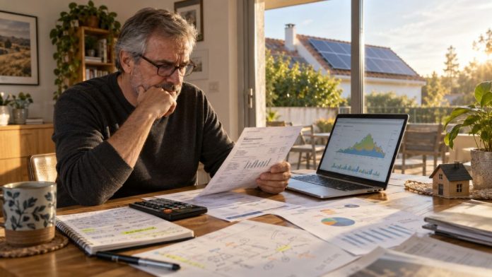 Hombre analizando facturas, cálculos y gráficos de una instalación fotovoltaica mientras observa una vivienda con placas solares al fondo.