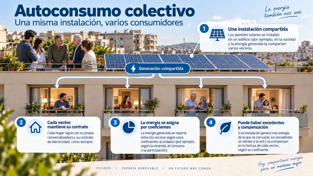 Edificio residencial con placas solares compartidas y esquema de autoconsumo colectivo entre varios vecinos.