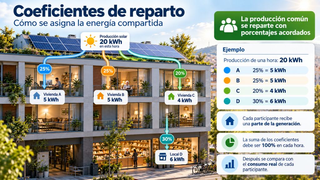 Esquema de coeficientes de reparto que asigna distintos porcentajes de una producción solar común a varias viviendas y a un local.