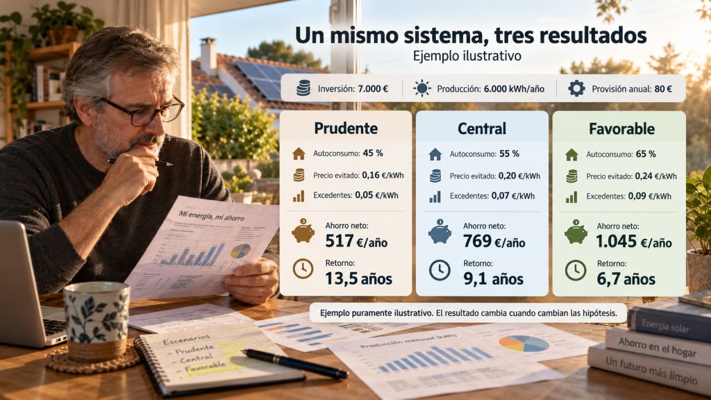 Comparativa de tres escenarios de amortización solar —prudente, central y favorable— con distintos niveles de autoconsumo, ahorro anual y años de retorno.