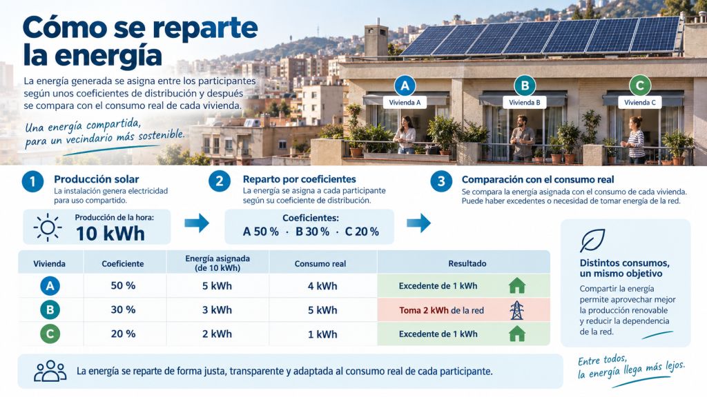 Infografía sobre el reparto de la energía solar mediante coeficientes entre tres viviendas con distintos consumos.