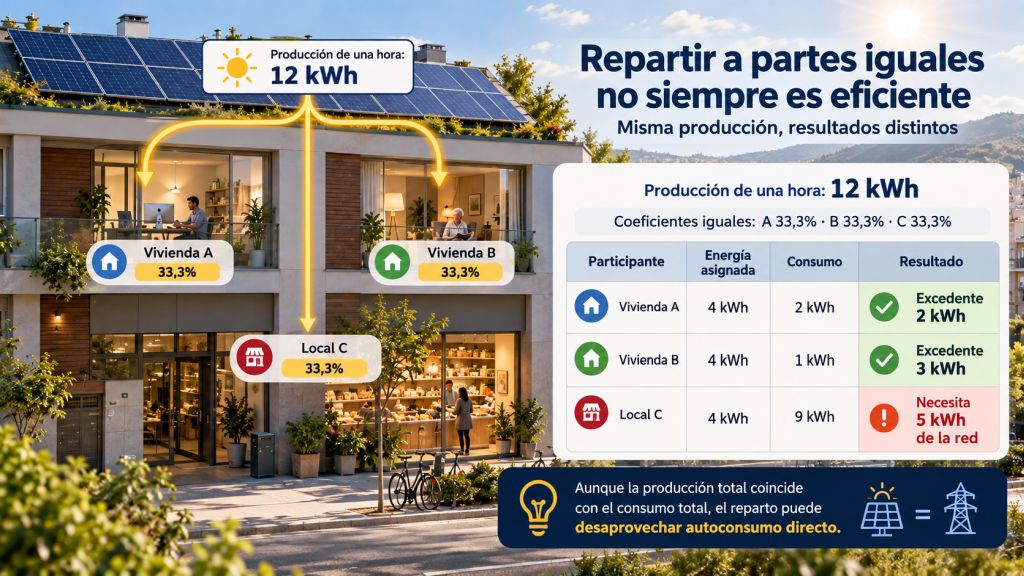 Comparación de un reparto solar a partes iguales donde dos viviendas generan excedentes mientras un local necesita energía de la red.