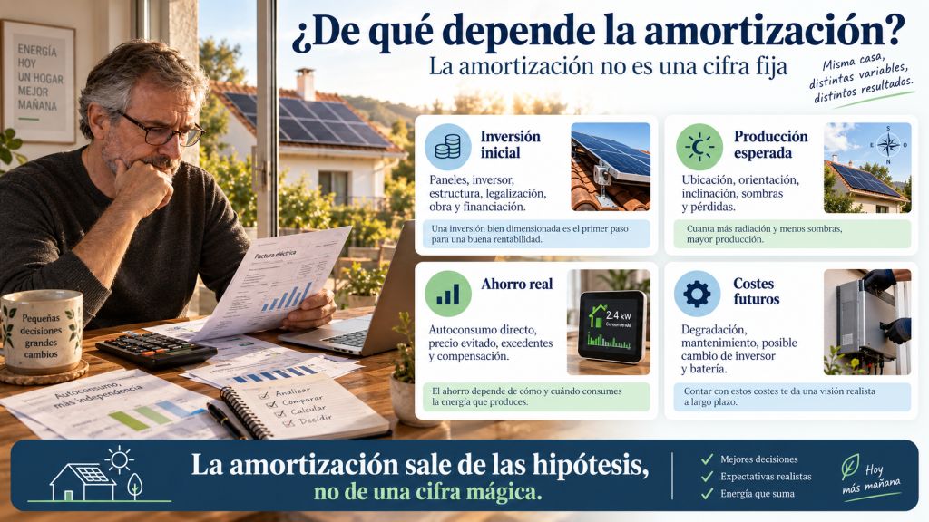 Infografía sobre los factores que condicionan la amortización de placas solares: inversión inicial, producción esperada, ahorro real y costes futuros.