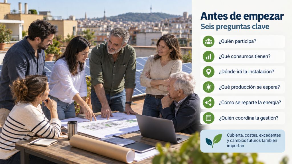 Vecinos reunidos junto a una instalación fotovoltaica revisando las preguntas clave antes de iniciar un autoconsumo colectivo.