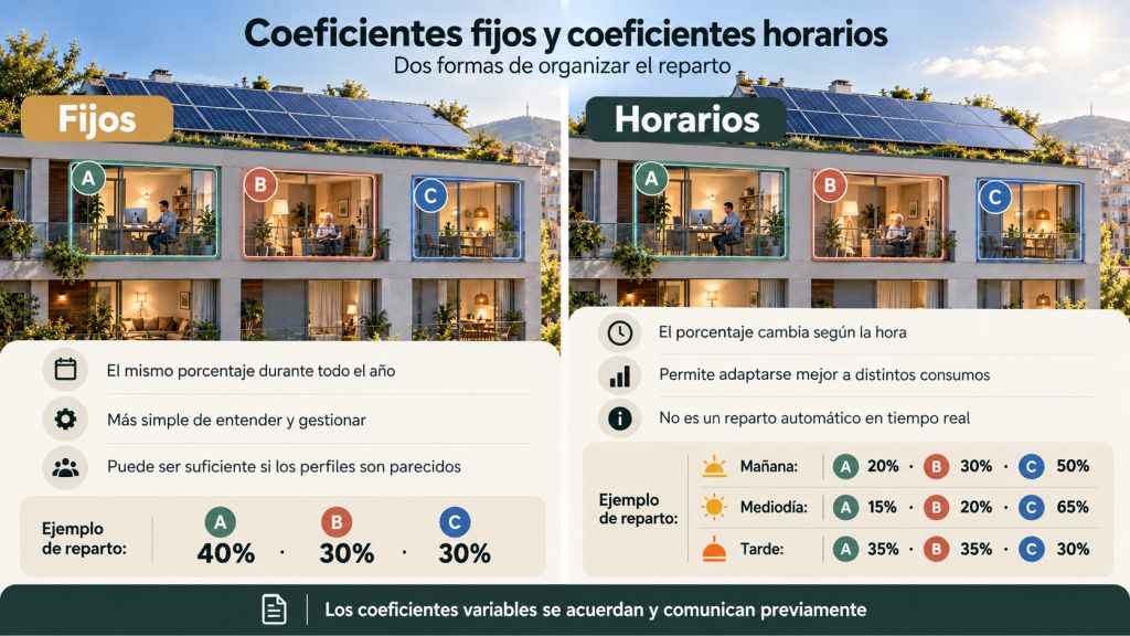 Comparación entre coeficientes fijos y coeficientes horarios para repartir la producción fotovoltaica entre varios participantes.