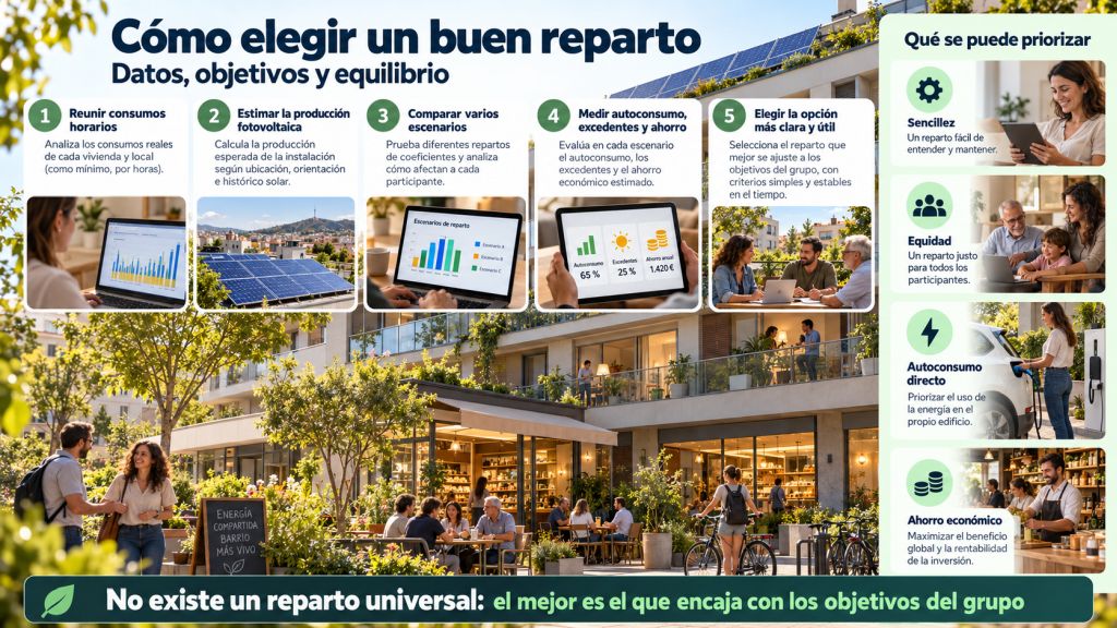 Proceso para elegir coeficientes de reparto a partir de consumos horarios, producción solar, escenarios, autoconsumo, excedentes y ahorro.