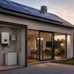 La batería solar que quizá no necesitas Vivienda con paneles y acumulador doméstico mientras un usuario consulta en una tableta el funcionamiento del sistema de autoconsumo.