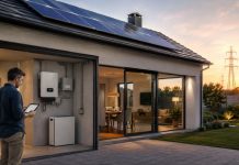 La batería solar que quizá no necesitas Vivienda con paneles y acumulador doméstico mientras un usuario consulta en una tableta el funcionamiento del sistema de autoconsumo.