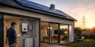 La batería solar que quizá no necesitas Vivienda con paneles y acumulador doméstico mientras un usuario consulta en una tableta el funcionamiento del sistema de autoconsumo.