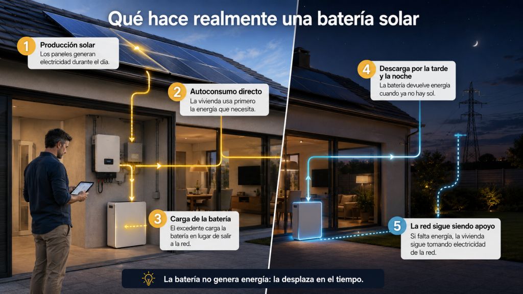 Infografía sobre el funcionamiento de una batería solar, mostrando producción fotovoltaica, autoconsumo directo, carga durante el día y descarga por la noche.
