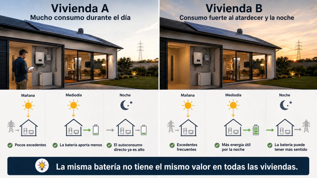 Comparación entre dos viviendas con diferentes perfiles de consumo para mostrar por qué una batería solar no tiene el mismo valor en todos los hogares.