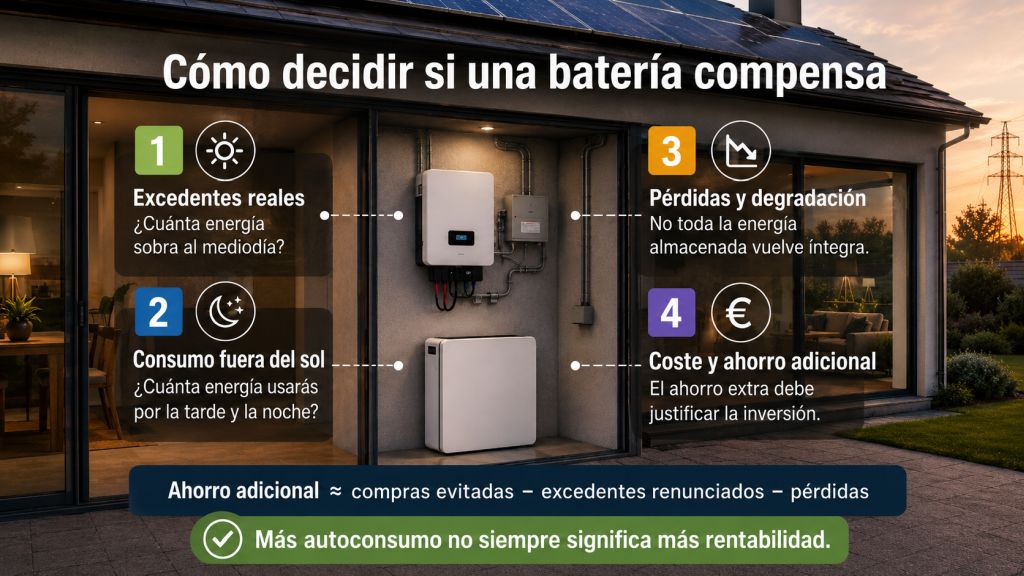 Infografía con los principales factores para saber si una batería solar compensa: excedentes, consumo nocturno, pérdidas, degradación, coste y ahorro adicional.