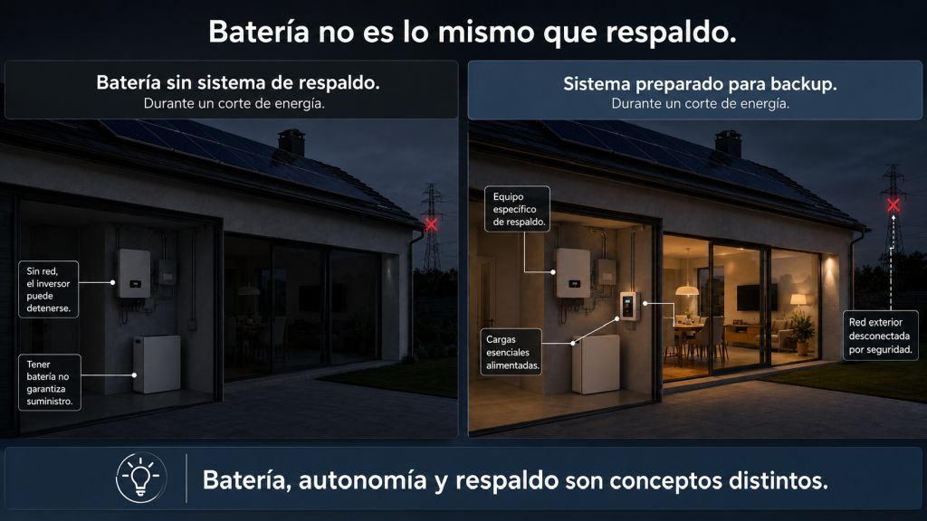 Comparación entre una batería solar sin sistema de respaldo y una instalación preparada para mantener cargas esenciales durante un apagón.