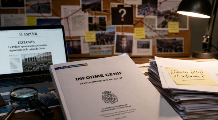 Informe CENIF: denuncia, procedimiento y filtración Mesa de investigación con la investigación en primer plano, un ordenador con la exclusiva de EL ESPAÑOL y documentos que plantean dudas sobre la filtración y el origen del informe.
