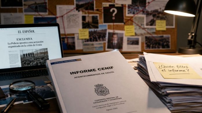 Mesa de investigación con la investigación en primer plano, un ordenador con la exclusiva de EL ESPAÑOL y documentos que plantean dudas sobre la filtración y el origen del informe.