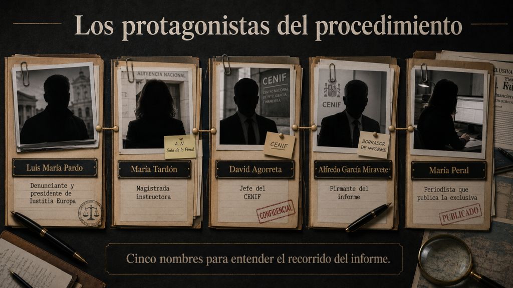 Los protagonistas del procedimiento: Dossiers visuales que presentan a Luis María Pardo, María Tardón, David Agorreta, Alfredo García Miravete y María Peral como figuras clave en el recorrido judicial, policial y periodístico del informe.