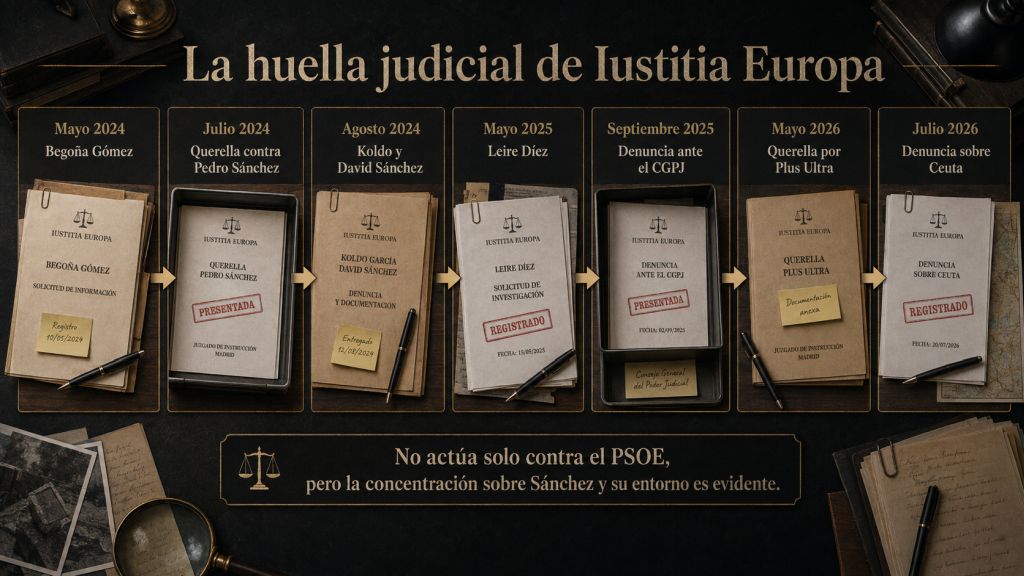 La huella judicial de Iustitia Europa: Cronología visual de distintas actuaciones judiciales impulsadas por Iustitia Europa contra Pedro Sánchez, su entorno y otros asuntos políticos antes de la denuncia relacionada con Ceuta.