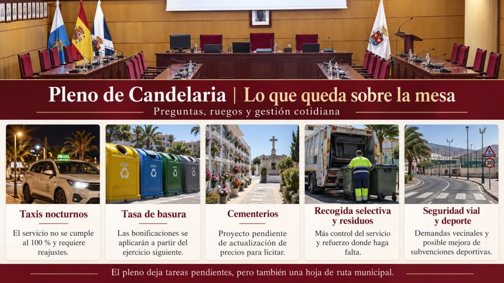 Lo que queda sobre la mesa: Infografía sobre los asuntos pendientes tratados en el pleno de Candelaria, entre ellos taxis nocturnos, tasa de basura, cementerios, recogida de residuos, seguridad vial y subvenciones deportivas.