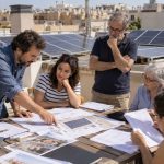 Placas solares en comunidad: de la junta a la instalación Vecinos reunidos en una azotea con placas fotovoltaicas mientras revisan planos y documentación de una instalación solar comunitaria.