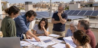 Placas solares en comunidad: de la junta a la instalación Vecinos reunidos en una azotea con placas fotovoltaicas mientras revisan planos y documentación de una instalación solar comunitaria.