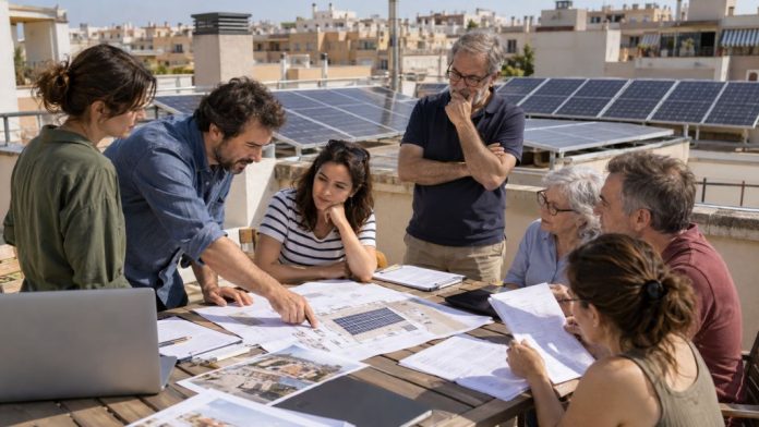 Comu 1 Vecinos reunidos en una azotea con placas fotovoltaicas mientras revisan planos y documentación de una instalación solar comunitaria.
