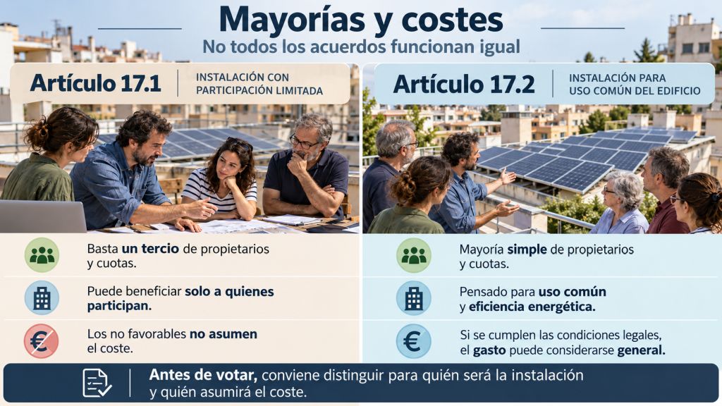 Esquema del proceso desde la aprobación en junta hasta la legalización de una instalación fotovoltaica en una comunidad de propietarios.