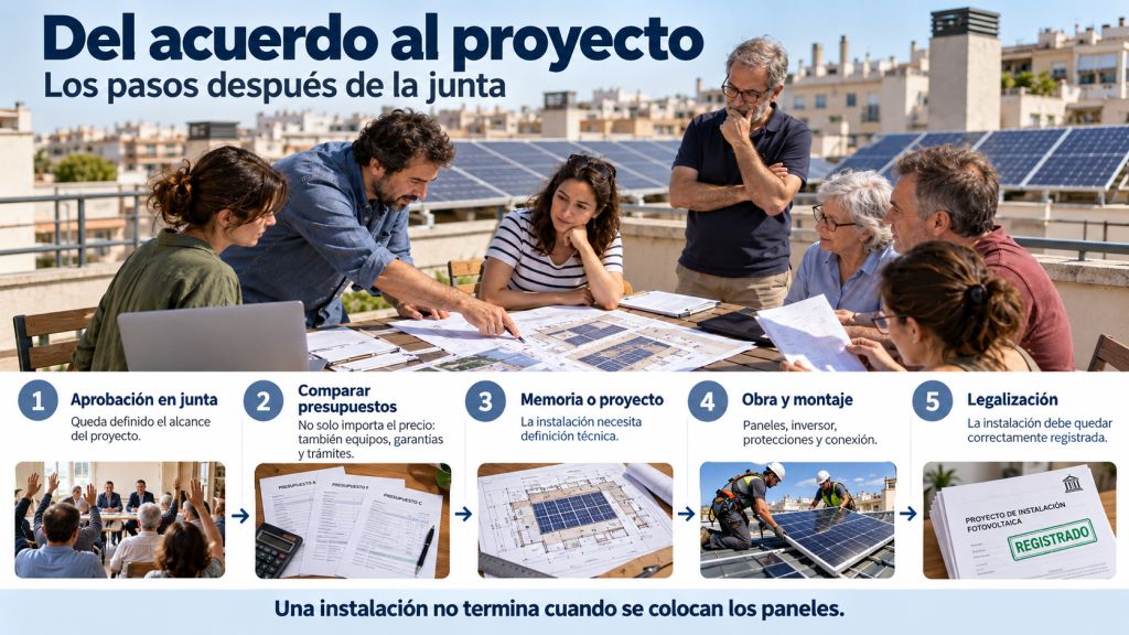 Vecinos junto a una instalación solar revisando el reparto de energía, contratos, mantenimiento, cambios futuros y gestión del autoconsumo colectivo.