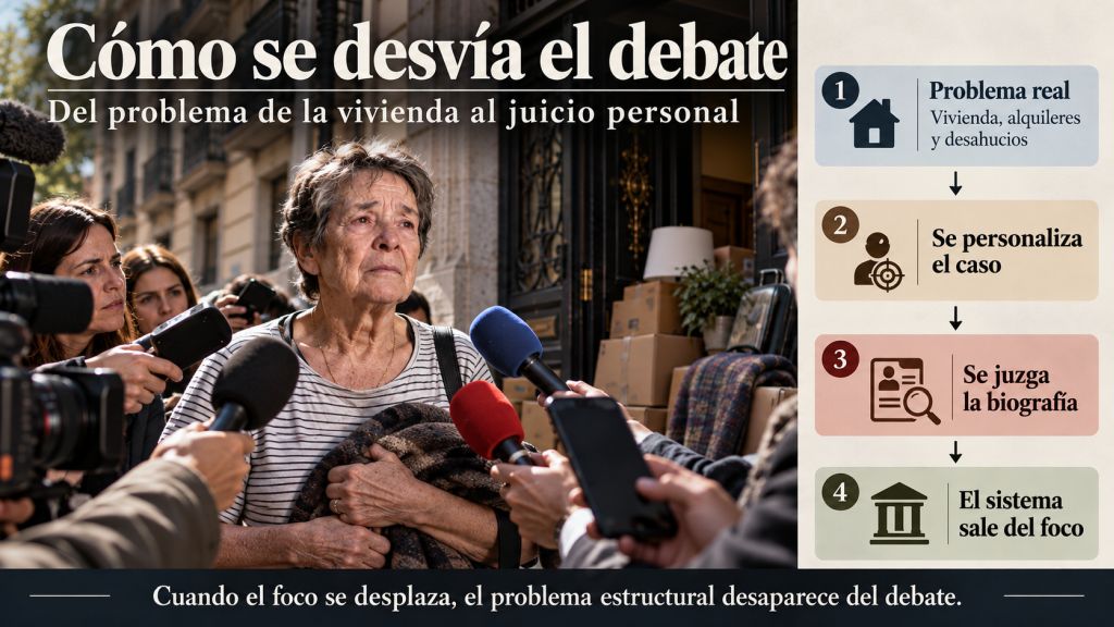 Infografía sobre el desplazamiento del debate desde el problema de la vivienda y los desahucios hacia el juicio sobre la biografía individual.