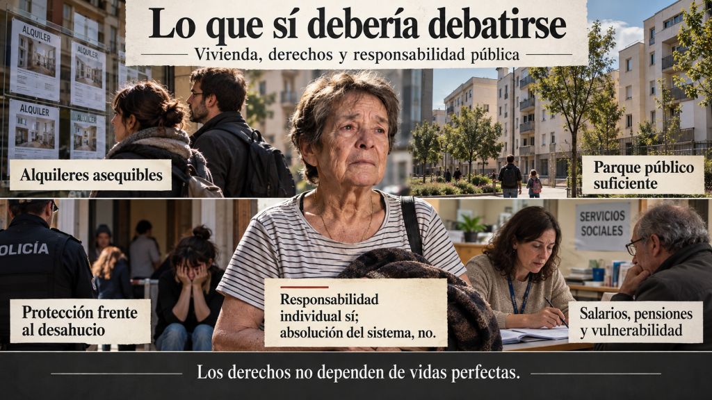 Infografía sobre vivienda y derechos sociales con referencias a alquiler asequible, parque público, protección frente al desahucio y vulnerabilidad económica.
