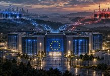 IA y soberanía tecnológica: ¿y si mañana te la apagan? Centro de datos europeo conectado digitalmente con Estados Unidos y China, símbolo de la dependencia tecnológica y la búsqueda de soberanía en inteligencia artificial.