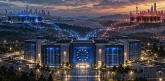 IA y soberanía tecnológica: ¿y si mañana te la apagan? Centro de datos europeo conectado digitalmente con Estados Unidos y China, símbolo de la dependencia tecnológica y la búsqueda de soberanía en inteligencia artificial.