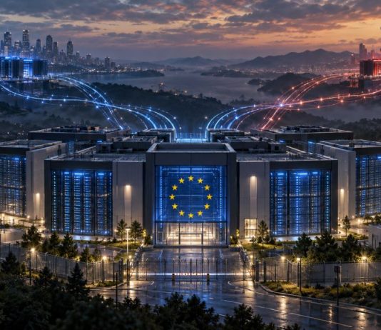 IA y soberanía tecnológica: ¿y si mañana te la apagan? Centro de datos europeo conectado digitalmente con Estados Unidos y China, símbolo de la dependencia tecnológica y la búsqueda de soberanía en inteligencia artificial.
