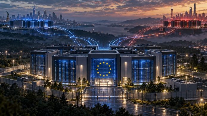 Centro de datos europeo conectado digitalmente con Estados Unidos y China, símbolo de la dependencia tecnológica y la búsqueda de soberanía en inteligencia artificial.