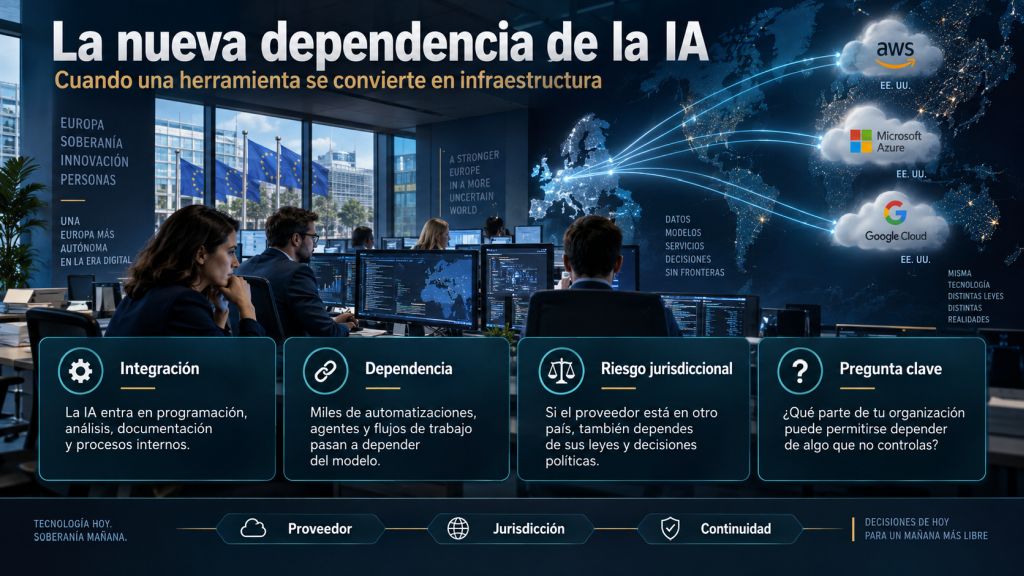 La nueva dependencia de la IA: Oficina europea conectada a grandes proveedores tecnológicos de Estados Unidos, mostrando cómo la integración de la IA puede generar dependencia empresarial y riesgo jurisdiccional.