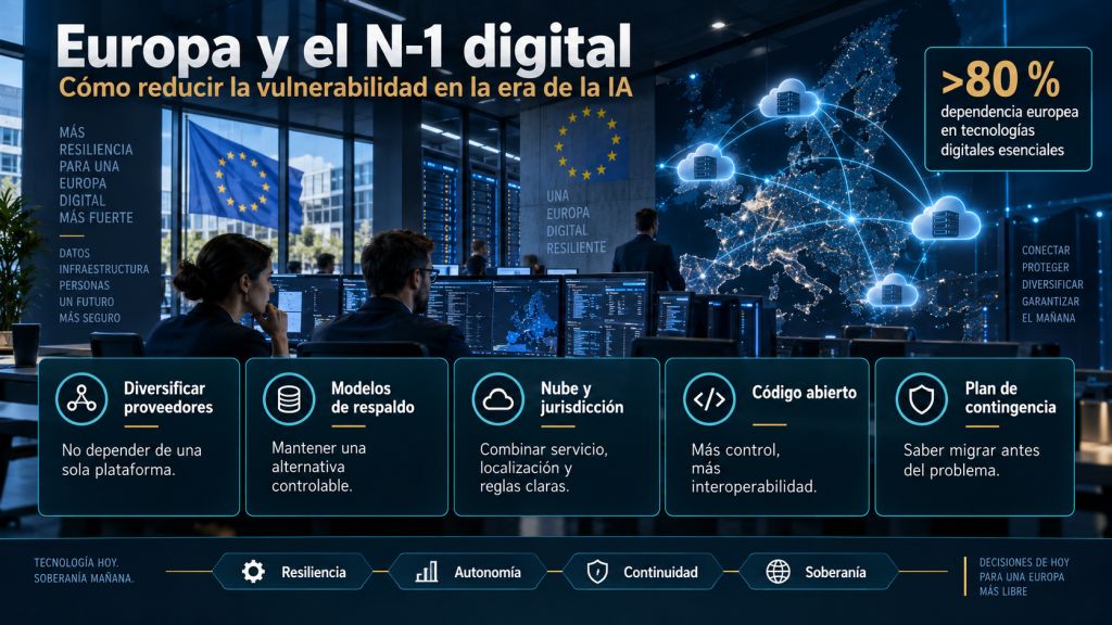 Europa y el N-1 digital: Centro tecnológico europeo con conexiones redundantes y modelos de respaldo, representación de la resiliencia digital y la necesidad de evitar dependencias críticas en inteligencia artificial.