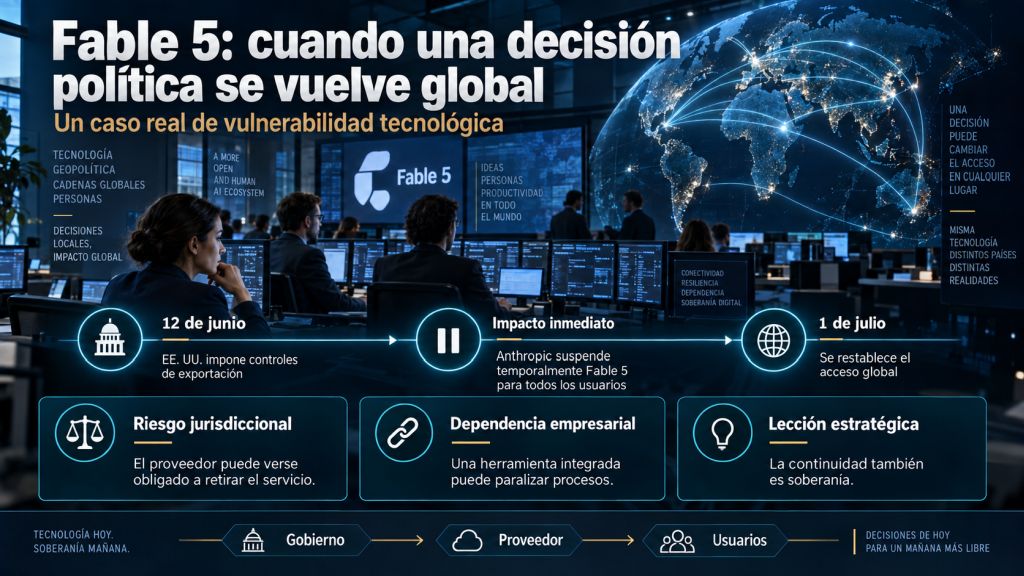 Fable 5 y el riesgo jurisdiccional: Centro de operaciones conectado globalmente que ilustra cómo una decisión política en Estados Unidos puede afectar al acceso internacional a un modelo de inteligencia artificial.