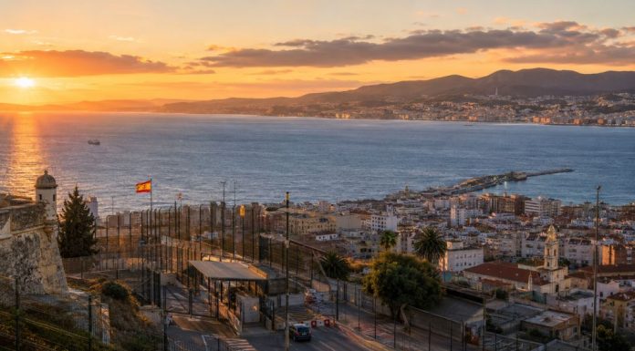 Estrategia de Sánchez ante Marruecos: ¿pasividad o Estado? Vista de Ceuta al atardecer con el Estrecho y la costa marroquí al fondo, símbolo de la compleja relación estratégica entre España y Marruecos.