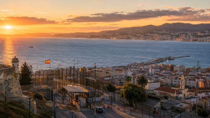 Vista de Ceuta al atardecer con el Estrecho y la costa marroquí al fondo, símbolo de la compleja relación estratégica entre España y Marruecos.