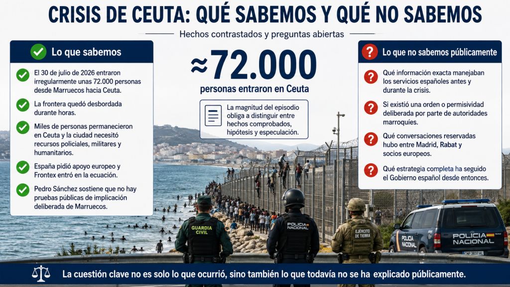 Qué sabemos y qué no sabemos: Infografía sobre la crisis de Ceuta que diferencia los hechos conocidos de las preguntas todavía abiertas sobre la actuación de Marruecos y la respuesta española.
