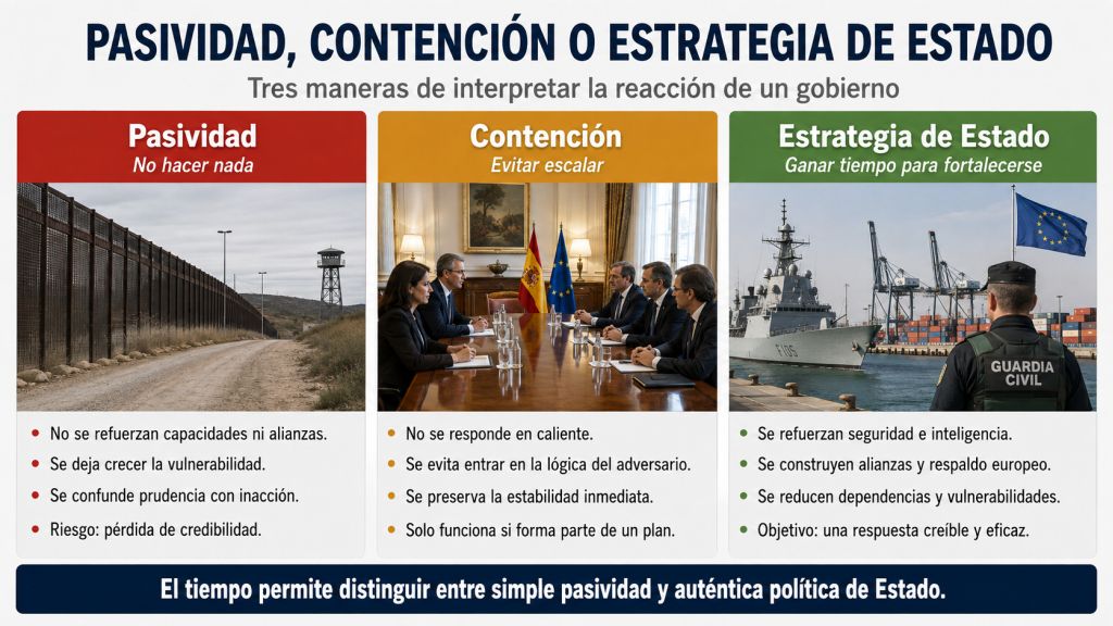 Pasividad, contención o estrategia: Comparación entre pasividad, contención y estrategia de Estado como tres formas de interpretar la respuesta del Gobierno ante una crisis con Marruecos.